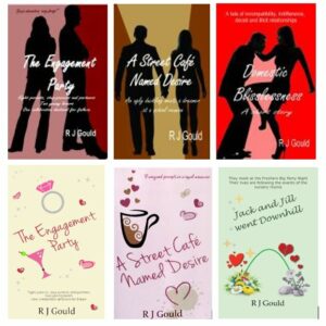 A selection of R J Gould's book covers, the first showing silhouettes of a couple on bold backgrounds, the next in pastel shades with illustrations of coffee cups and diamond rings.